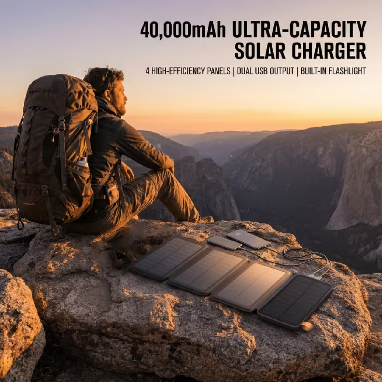 Power Bank Solar 40 000 mAh – Carregador Dobrável de 4 Painéis Solares