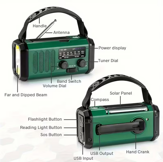 Rádio de Emergência Multifuncional – Lanterna, Botão SOS e Bateria 10000 mAh