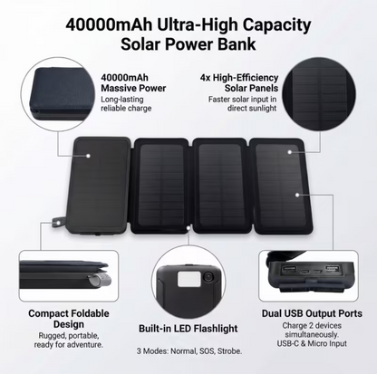Power Bank Solar 40 000 mAh – Carregador Dobrável de 4 Painéis Solares