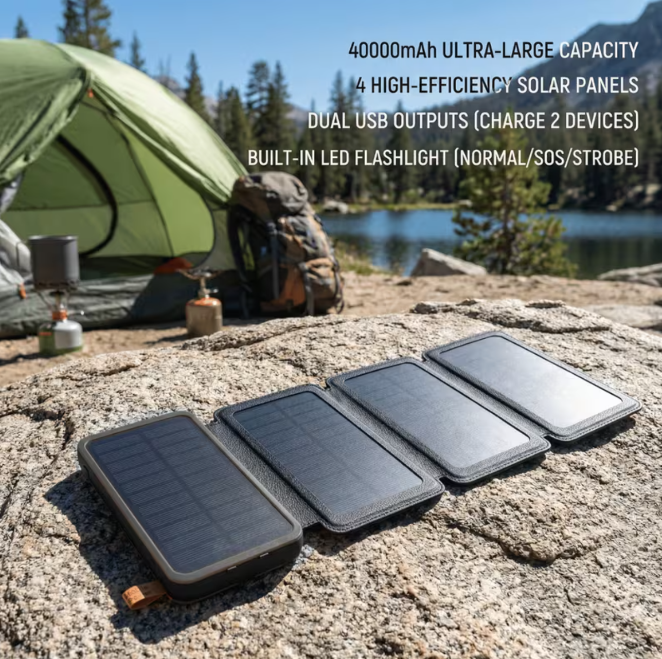 Power Bank Solar 40 000 mAh – Carregador Dobrável de 4 Painéis Solares