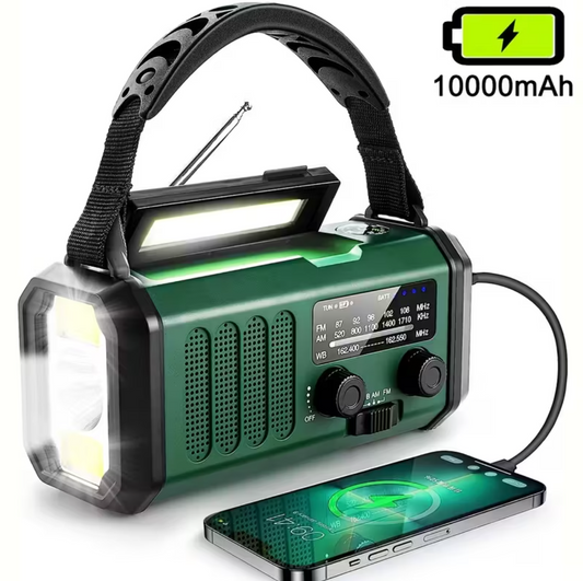 Rádio de Emergência Multifuncional – Lanterna, Botão SOS e Bateria 10000 mAh
